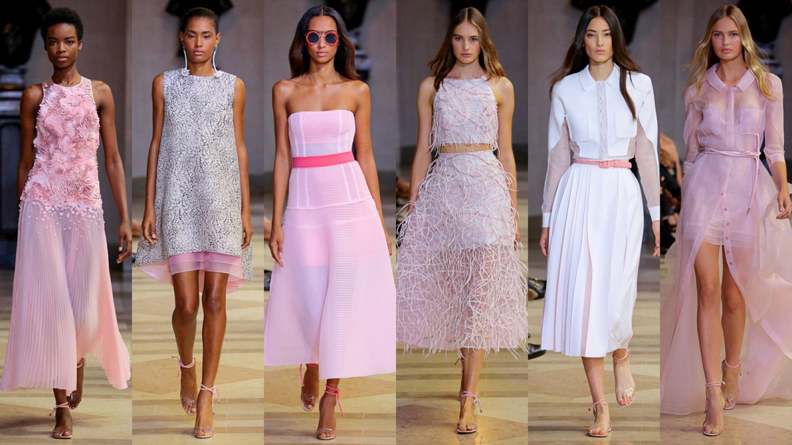 Carolina Herrera propone prendas muy femeninas y apuesta fuerte por el color rosa.