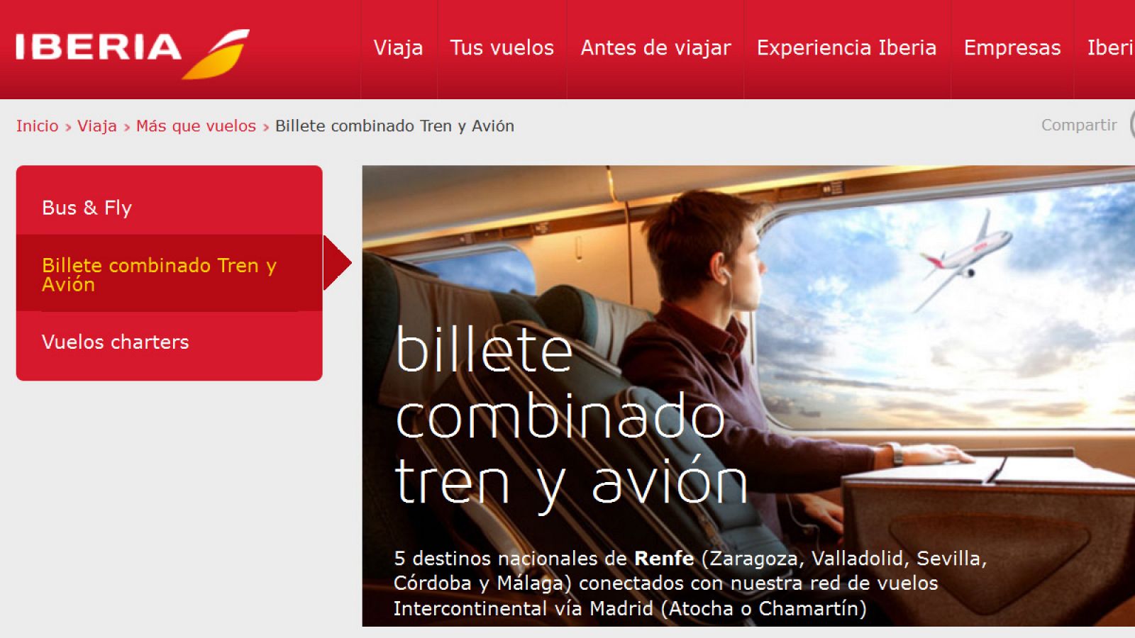 Información sobre el nuevo billete único avión-tren publicada este jueves en la web de Iberia