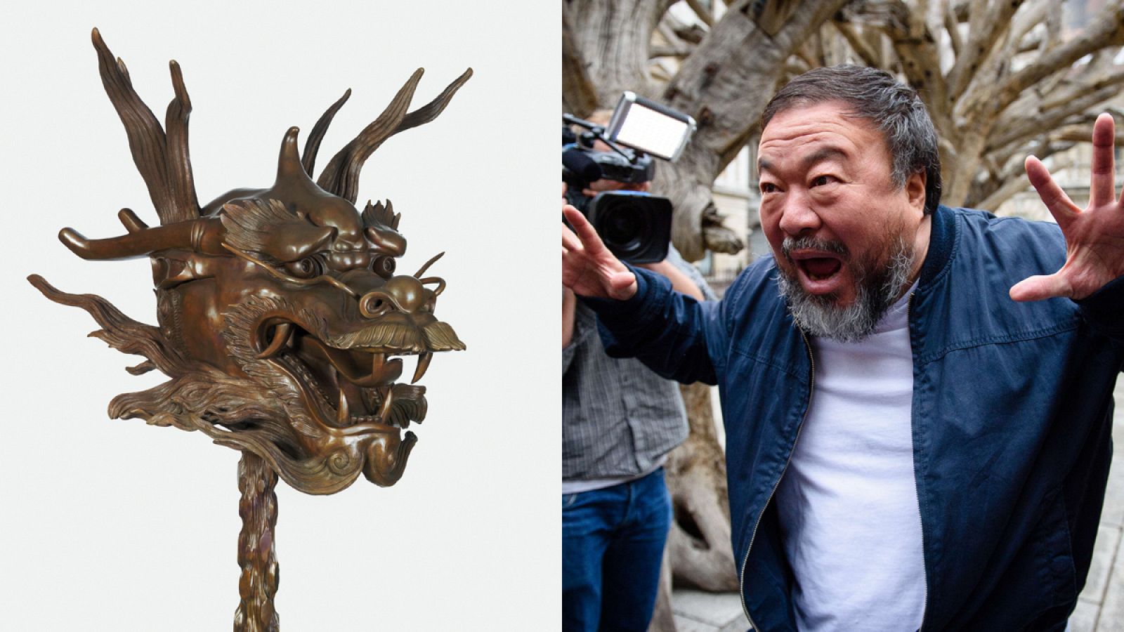 'Dragón' (dcha), una de las esculturas de la exposición del CAC y el artista chino Ai Weiwei (dcha) en una imagen de esta semana en Londres.