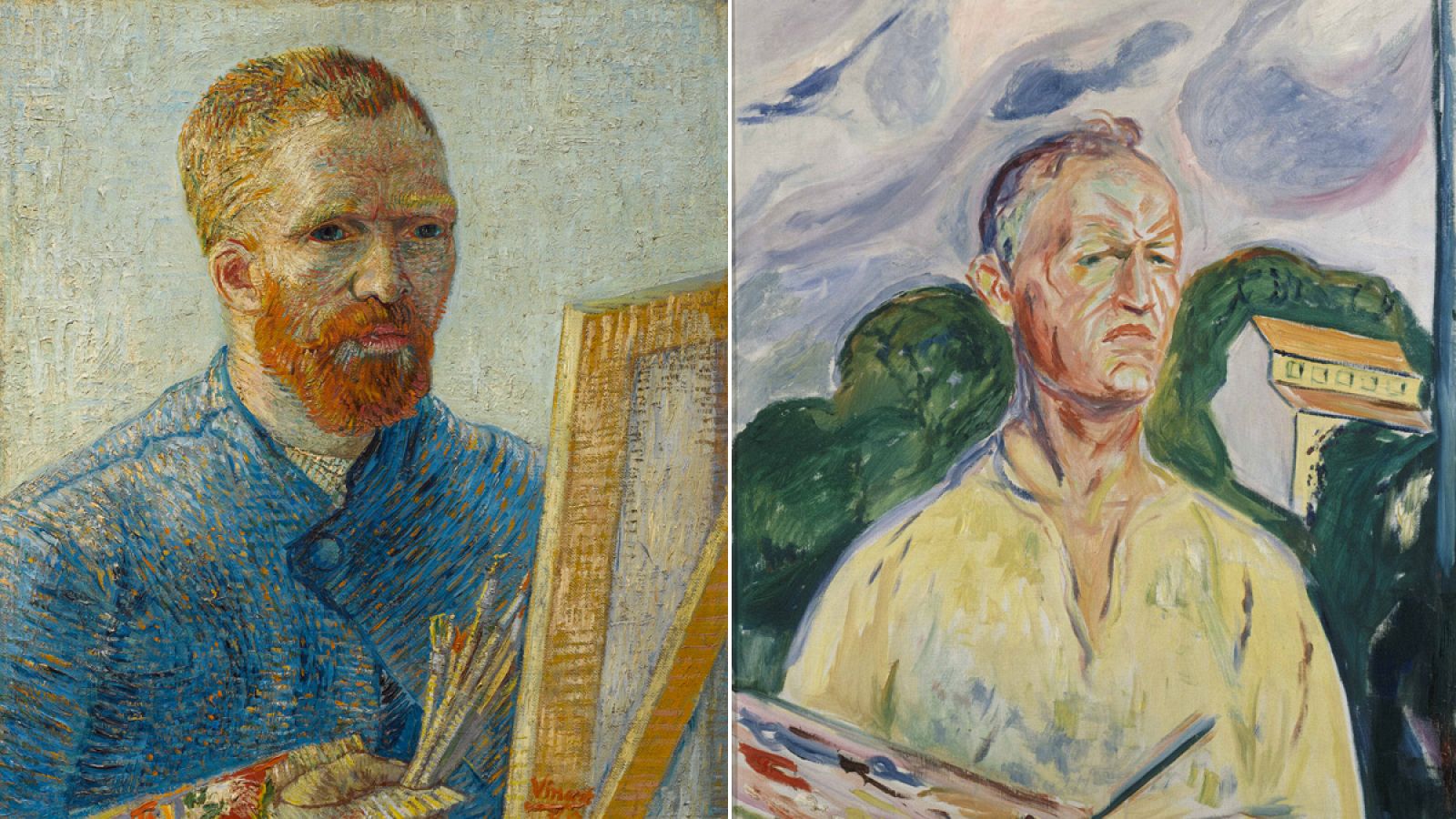 Izquierda, Autorretrato de Vincent van Gogh como pintor, 1887-1888 (Van Gogh Museum, Amsterdam). Dcha: Autorretrato de Edvard Munch con paleta,1926. (Colección privada).