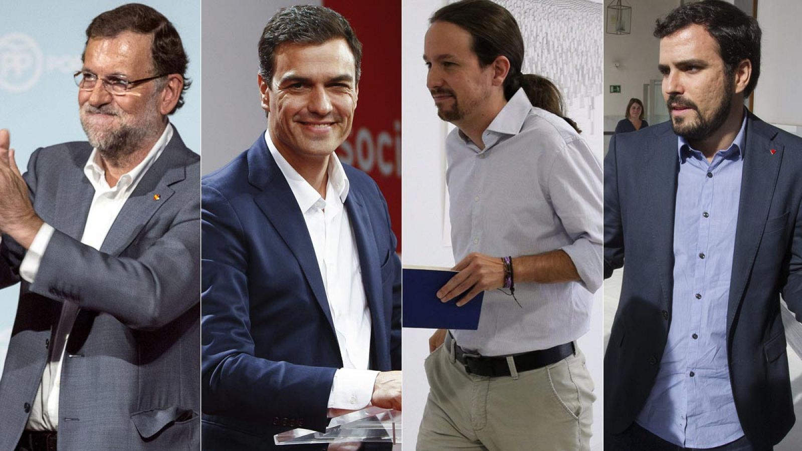 El presidente del PP, Mariano Rajoy; el secretario general del PSOE, Pedro Sánchez; el secretario general de Podemos, Pablo Iglesias, y el candidato de IU a la Presidencia del Gobierno, Alberto Garzón.