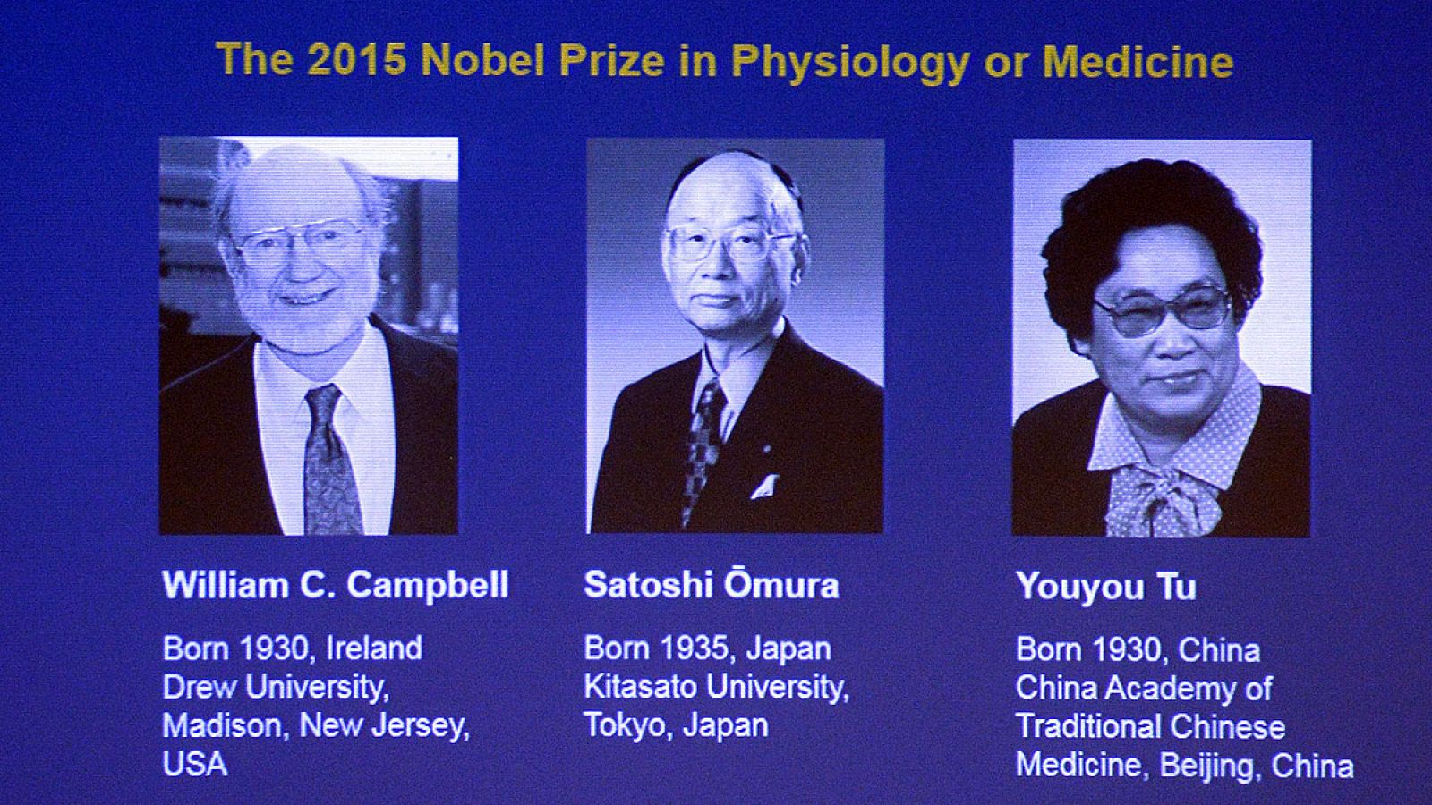 El irlandés William C. Campbell, el japonés Satoshi Omura y la china Youyou Tu han ganado el Premio Nobel de Medicina 2015.