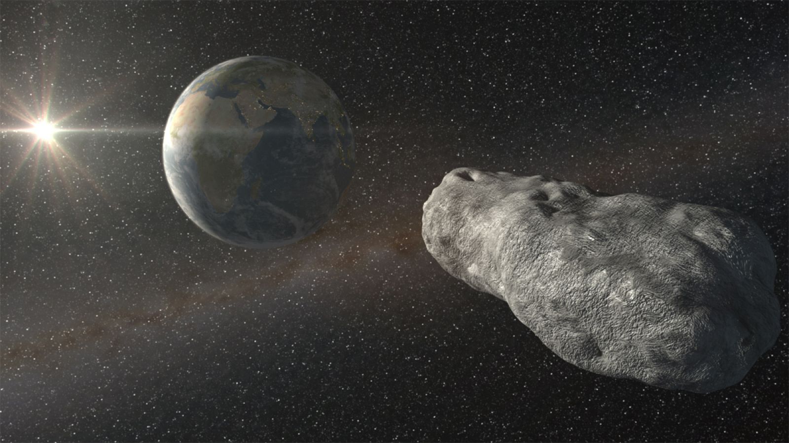Representación de un asteroide acercándose a la Tierra.