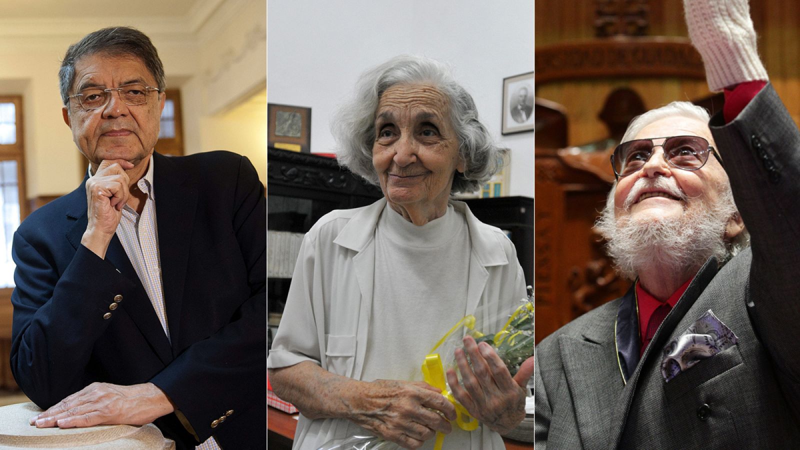 Tres de los favoritos para el Premio Cervantes 2015: Sergio Ramírez (i), Fina García Marruz (c) y Fernando del Paso (d).