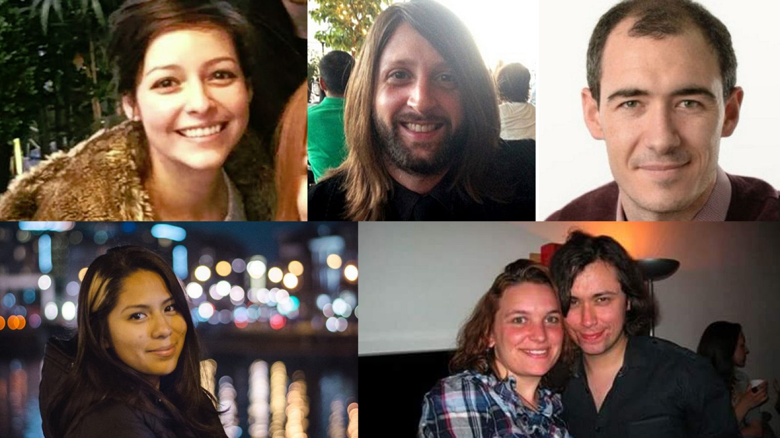 Algunos de los fallecidos de los atentados de París. De izqda. a drcha.: Michelle Gil, Nick Alexander, Juan Alberto González Garrido, Nohemi Gonzalez y Luis Felipe Zschoche.