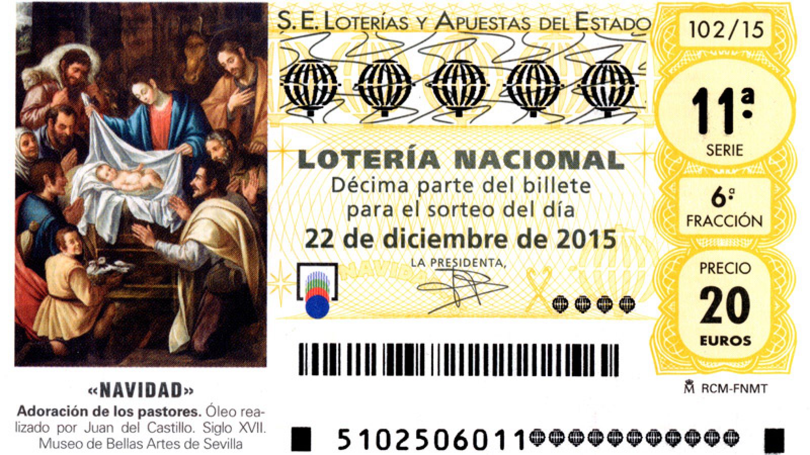 Los décimos aparecen ilustrados este año con el óleo de Juan del Castillo "Adoración de los pastores".