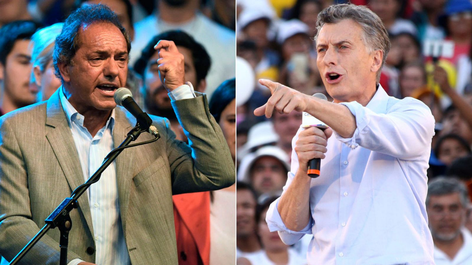 Los candidatos a la presidencia de Argentina, Mauricio Macri y Daniel Scioli, durante los actos de cierre de sus respectivas campañas.