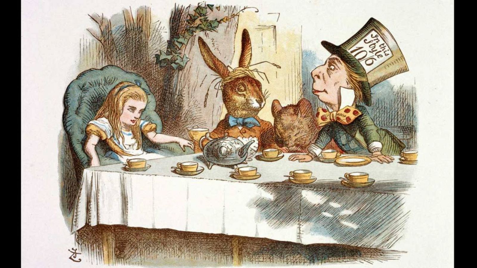 Ilustración de sir John Tenniel para 'Una merienda de locos', con Alicia, la Liebre, el Lirón y el Sombrerero Loco