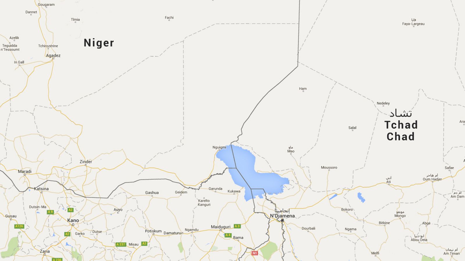 Mapa de la zona del Lago Chad, situado en la frontera entre en la frontera entre Chad, Níger, Nigeria y Camerún, en África.