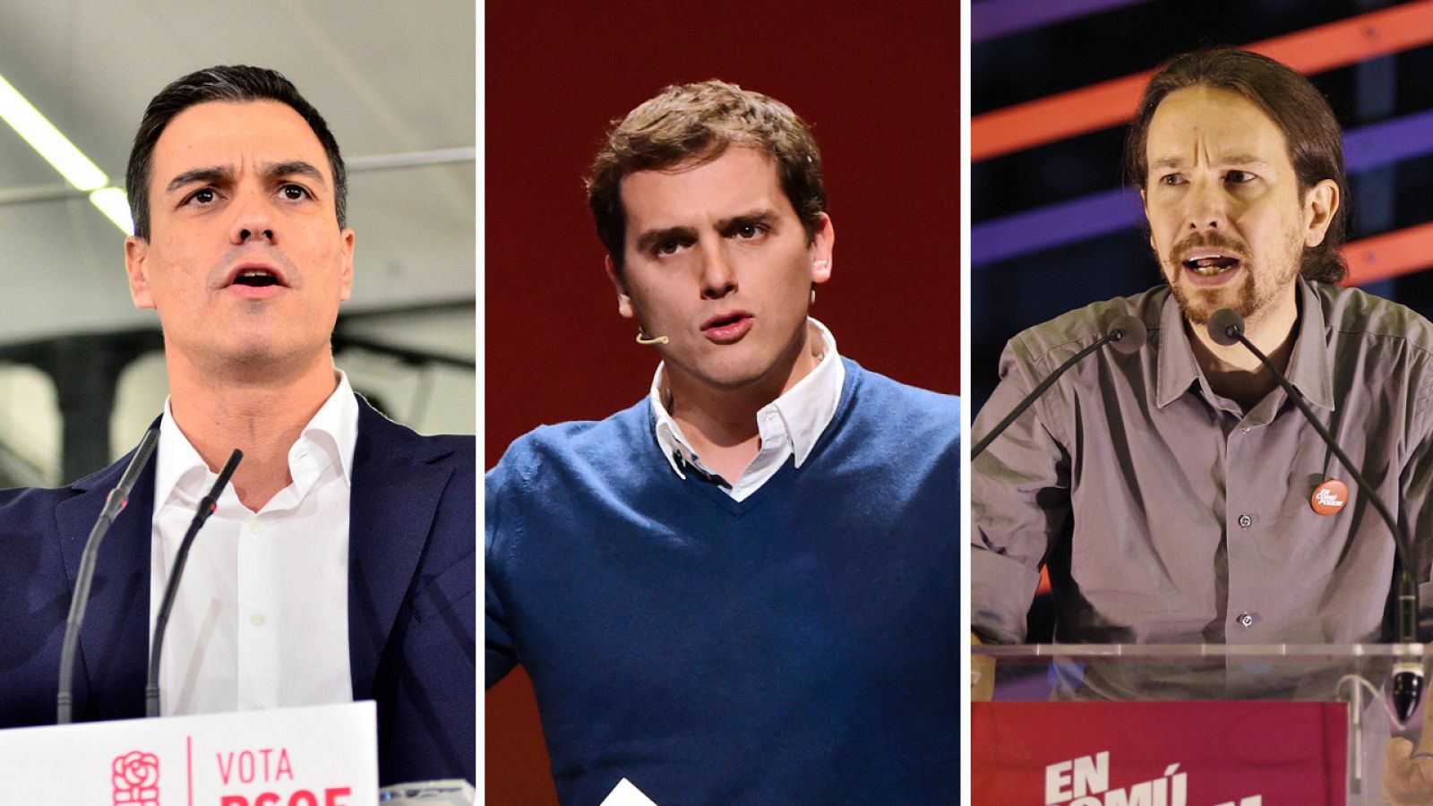 Pedro Sánchez, Pablo Iglesias y Albert Rivera en distintos actos electorales este sábado.