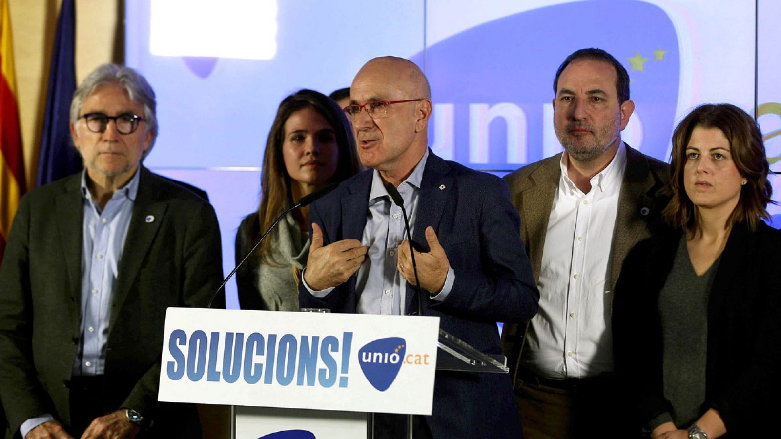 El cabeza de lista de Unió, Josep Antoni DurÁn Lleida, comparece tras conocer los resultados de las elecciones generales de 2015.