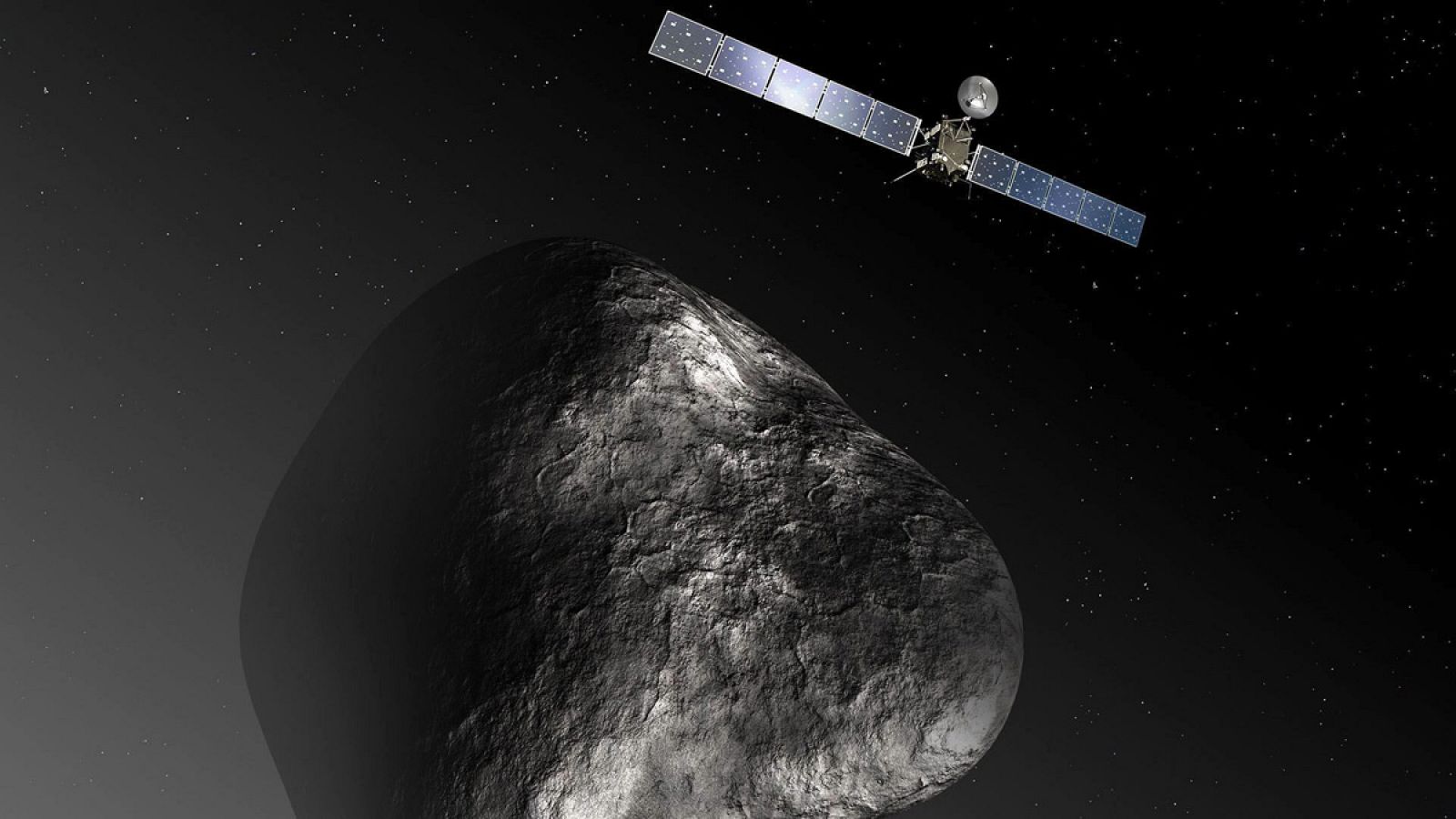 Dibujo facilitado por la Agencia Espacial Europea que representa la sonda espacial Rosetta y el cometa 67P
