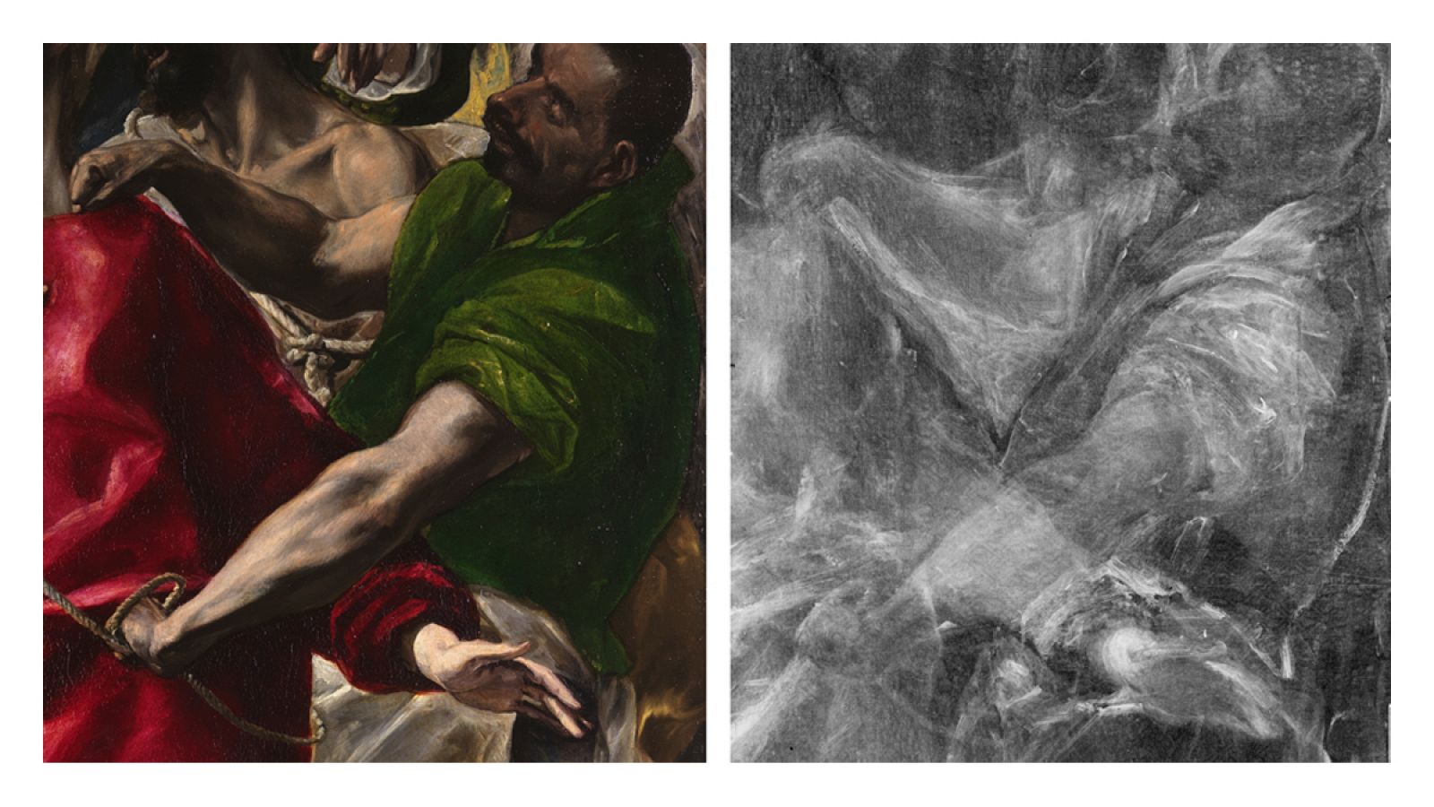 'El expolio' (detalle). El Greco. Óleo sobre lienzo. 1577-79 Toledo, sacristía de la Catedral. Imagen visible y rayos X con cambios en la composición.