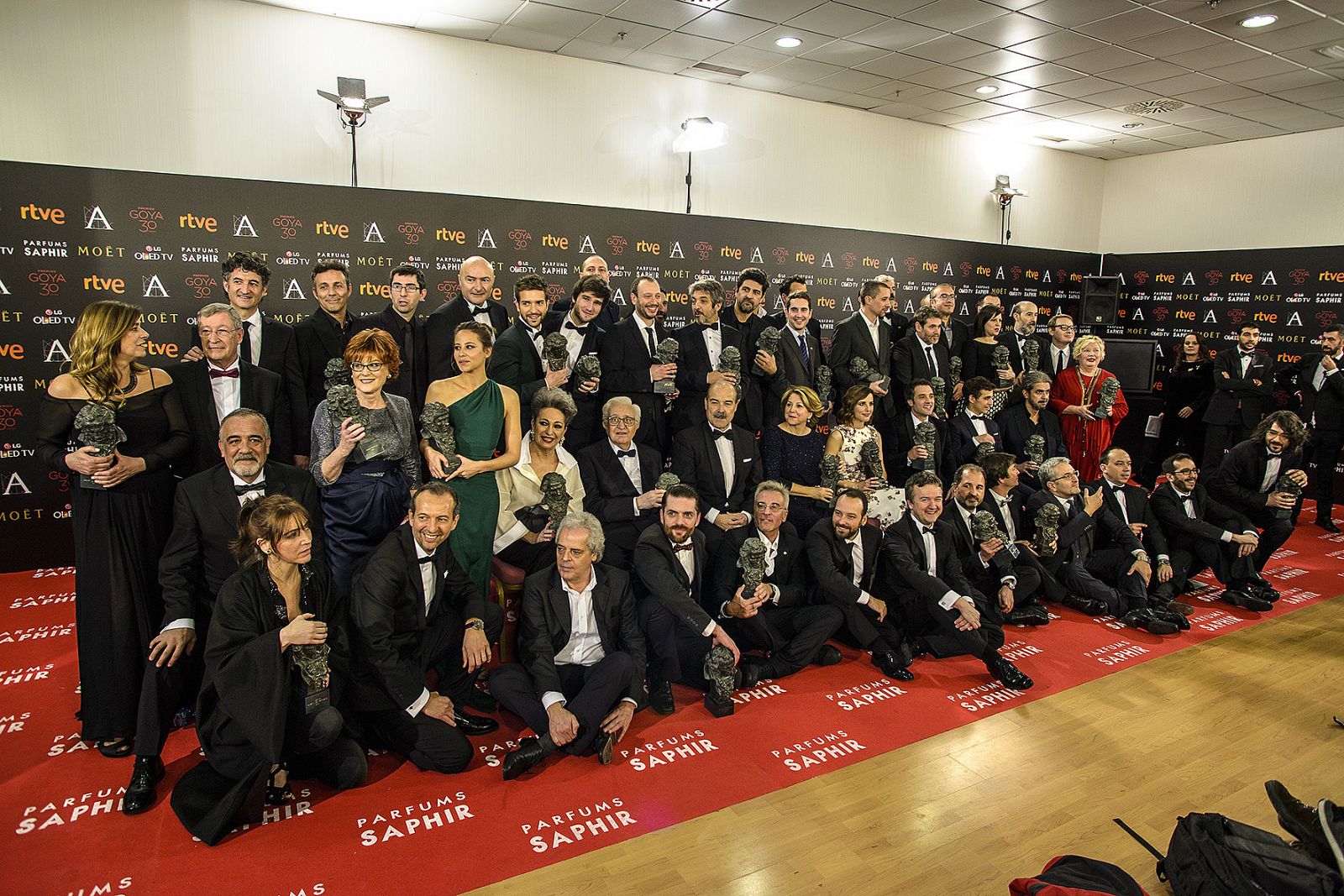 Foto de familia de los premiados en la 30ª edición de los Premios Goya