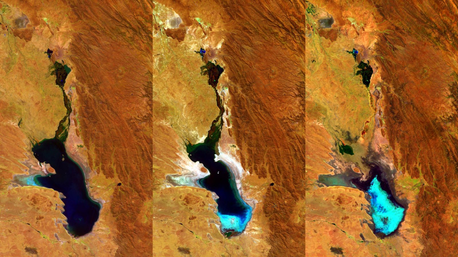 Las tres fotografías muestran la reducción paulatina de la masa de agua.
