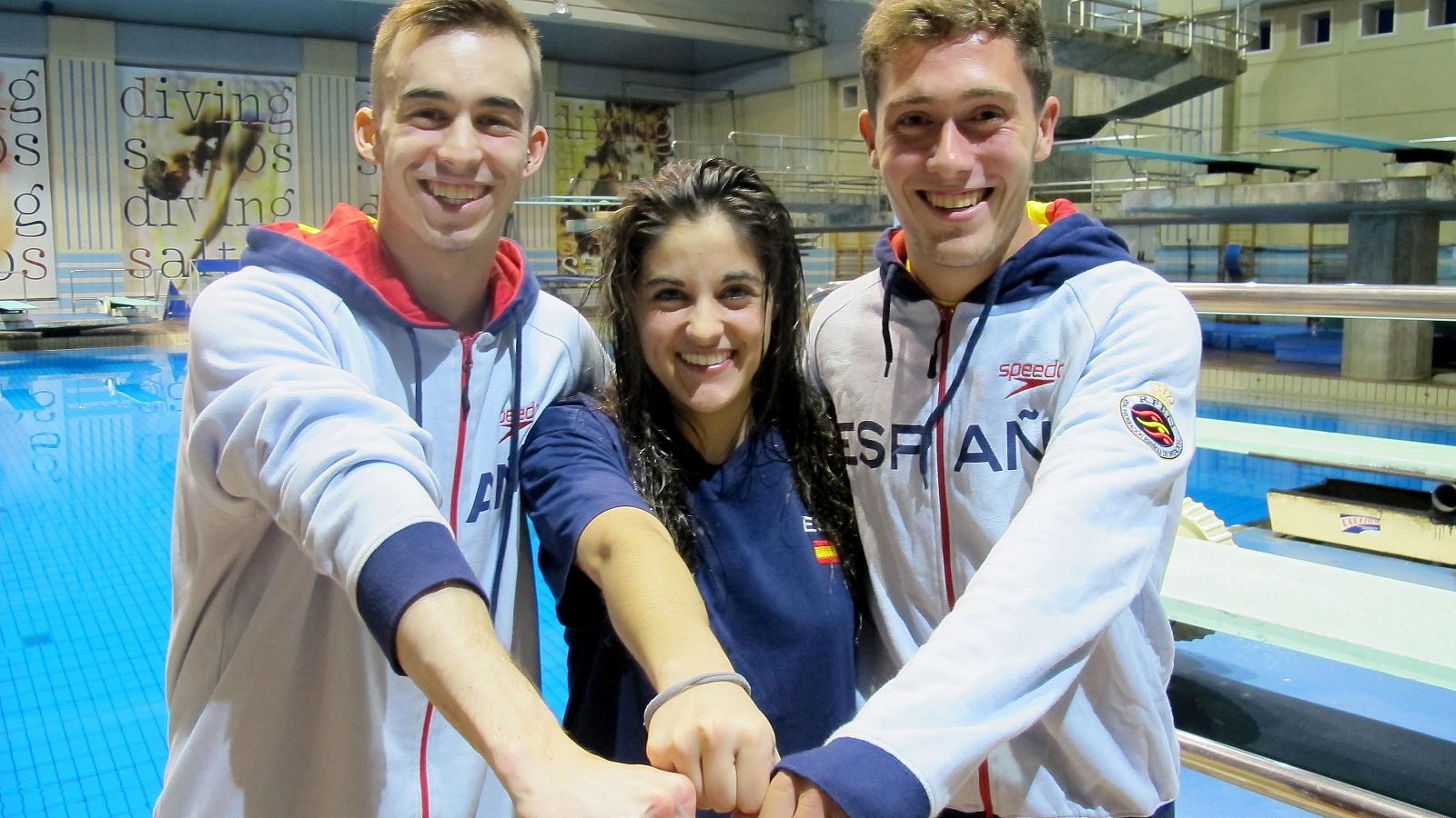 Alberto Arévalo, Rocío Velázquez y Nicolás García Boissier, integrantes del equipo español de saltos.