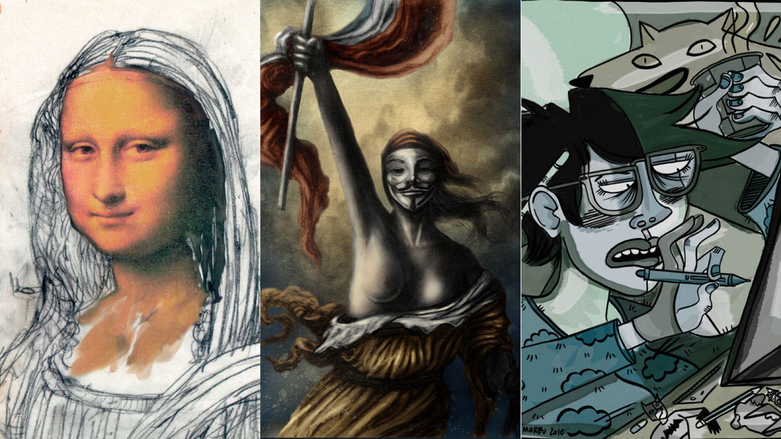 Detalle de tres de las obras que pueden verse en la exposición 'Arte en el Cómic'