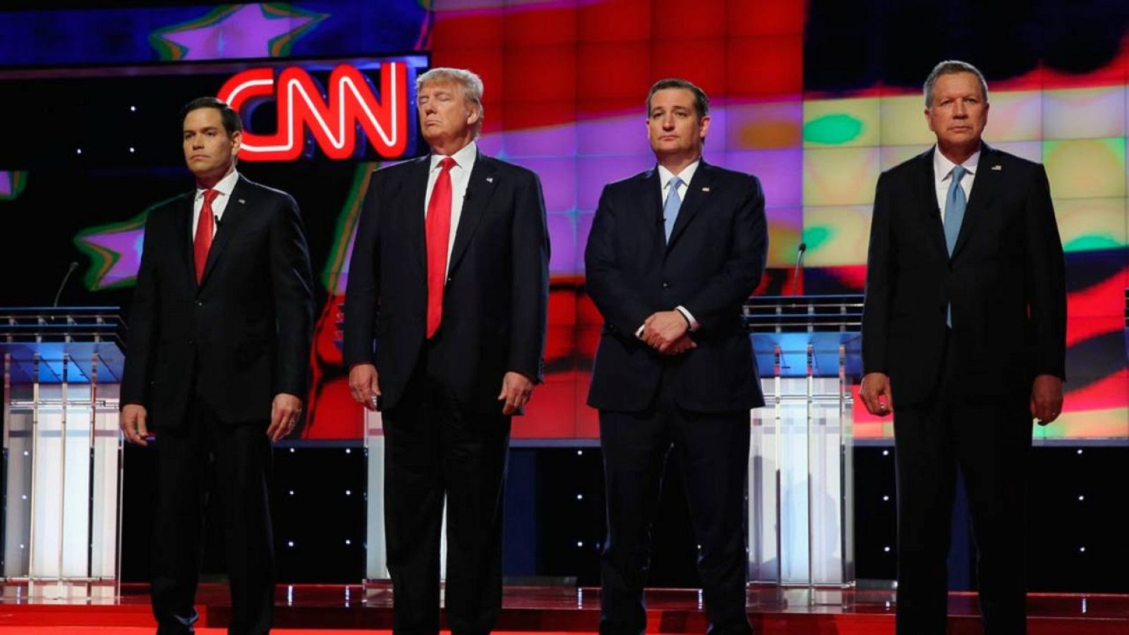 Los candidatos Marco Rubio, Donald Trump, Ted Cruz y John Kasich durante el duodécimo debate republicano.