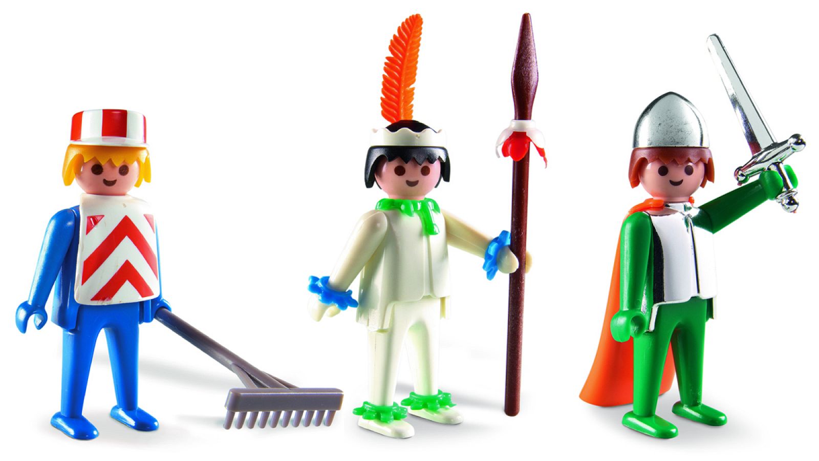 Las tres primeros clicks de Playmobil: el obrero de la construcción, el indio y el caballero.