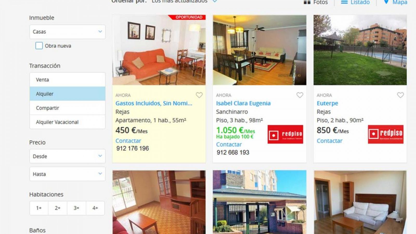 Anuncios de pisos en alquiler en una página web especializada
