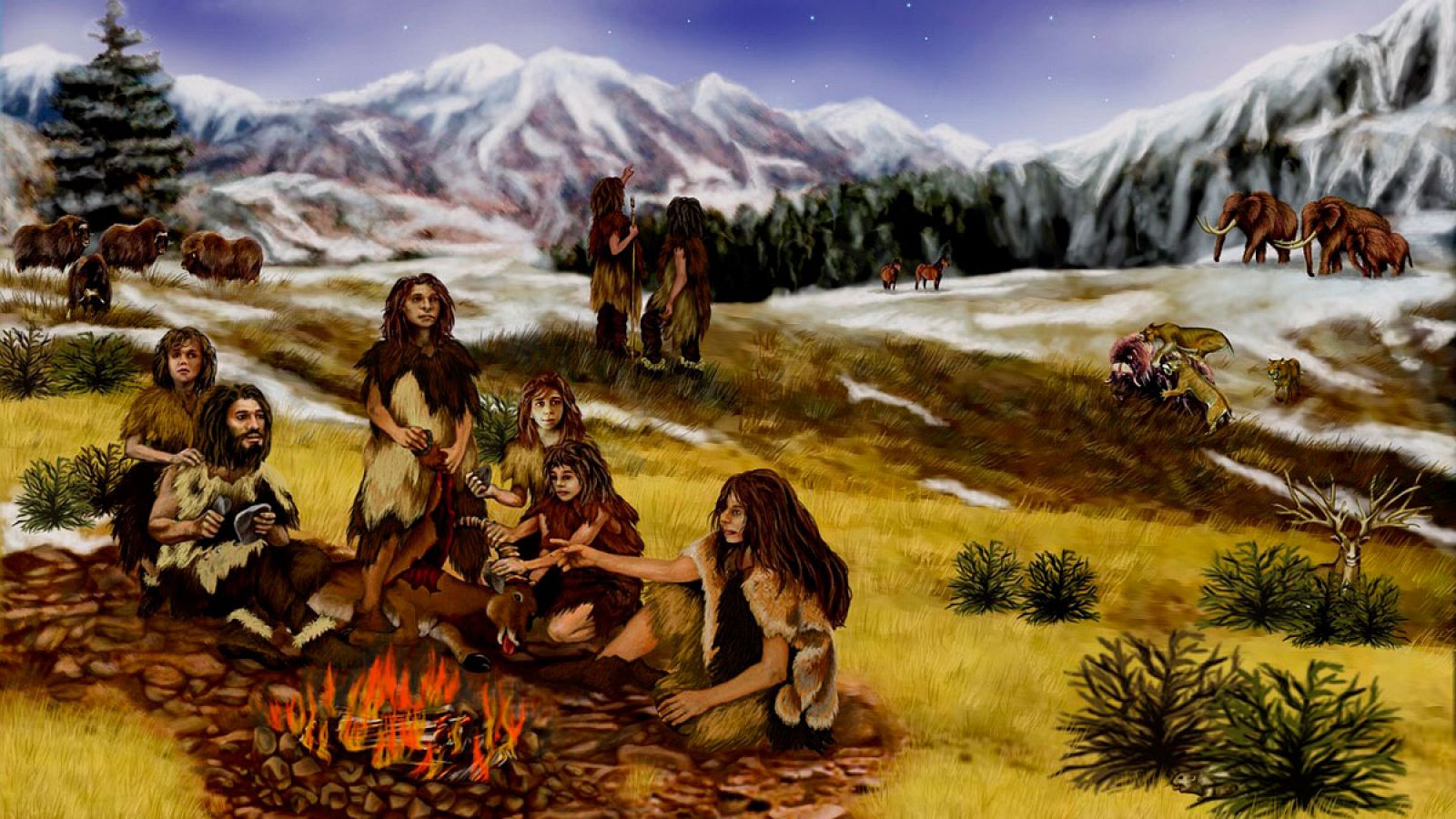 Ilustración que muestra a un grupo de neandertales.