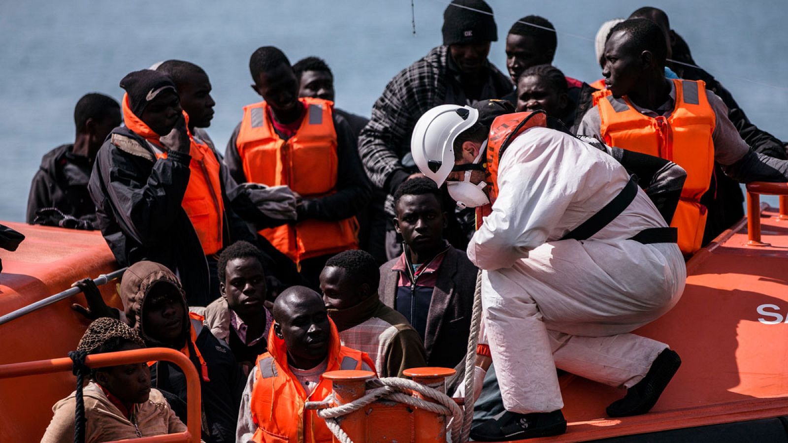 Parte de los 54 inmigrantes rescatados a su llegada al puerto de Málaga