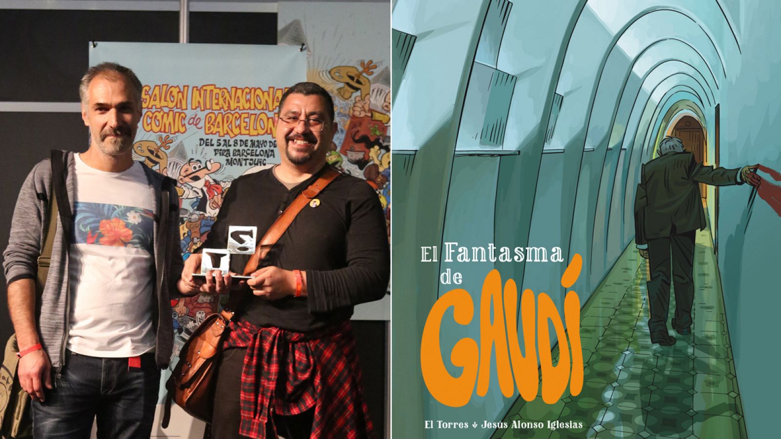 El Torres y Jesús Alonso con el premio a la mejor obra de autor español y la portada de 'El fantasma de Gaudí'
