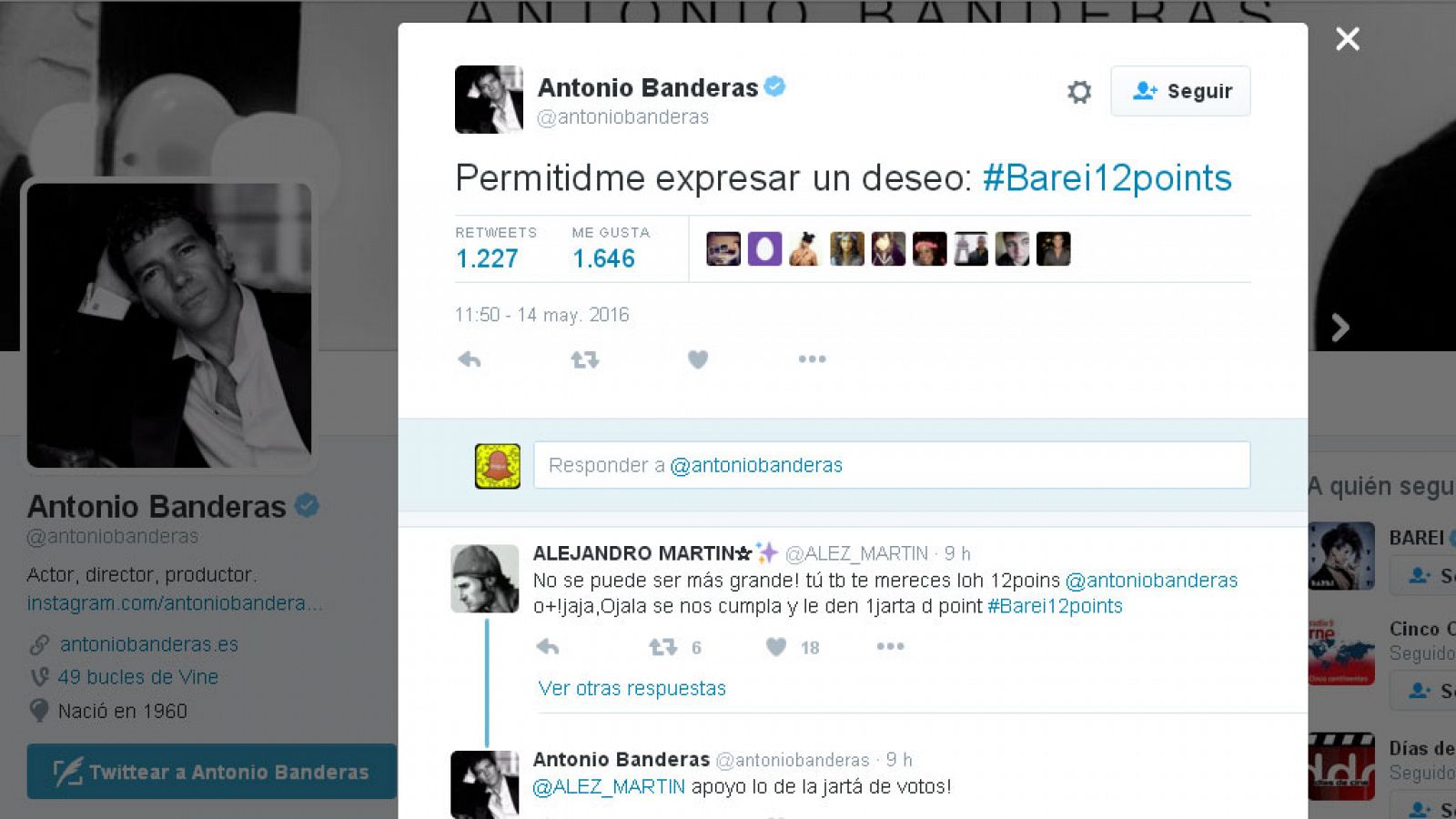 Antonio Banderas pide en Twitter 12 puntos para Barei en Eurovisión