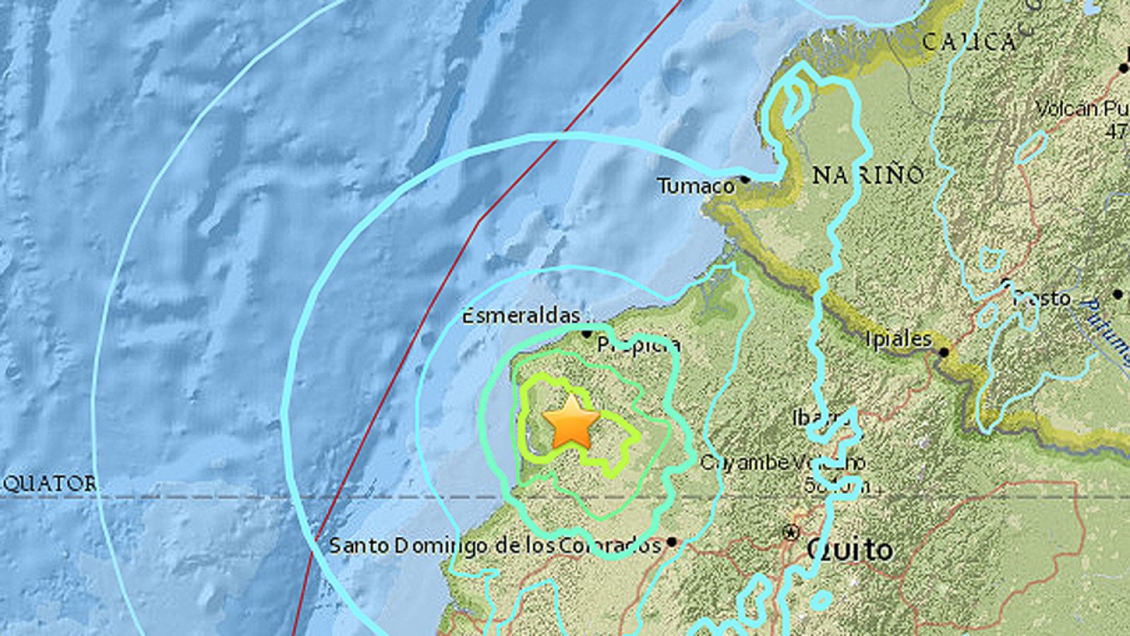 Mapa con la ubicación del epicentro del terremoto de magnitud 6.7 en Ecuador. Fuente: Servicio Geológico de EE.UU. (USGS)