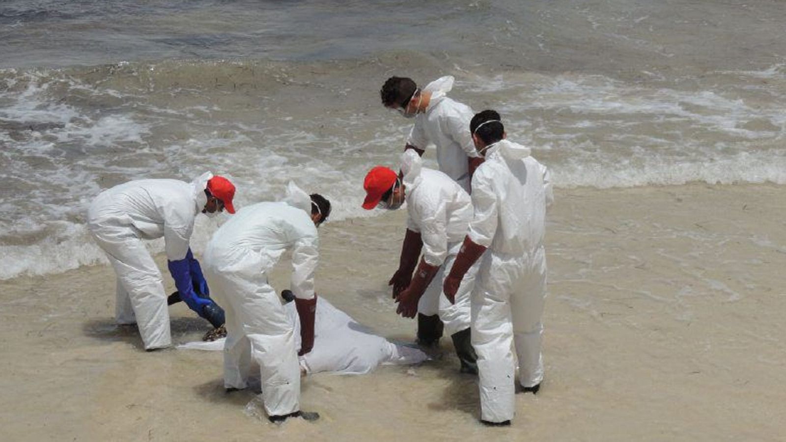 Voluntarios de la Media Luna Roja recojen el cuerpo de un migrante muerto en la playa libia de Zuwara