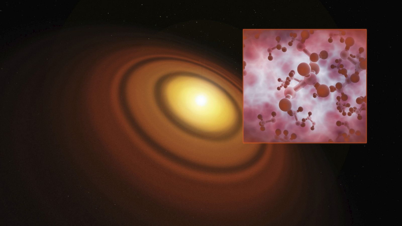 Imagen facilitada por el Observatorio Europeo Austral (ESO) que muestra una interpretación artística del disco protoplanetario más cercano a la tierra junto a la estrella TW Hydrae en la constelación sur de Hydra.
