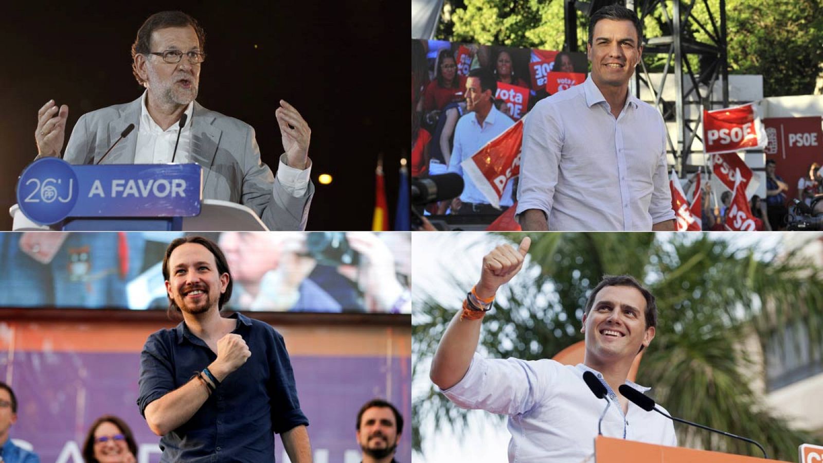 Los candidatos de PP, PSOE, Podemos y Ciudadanos, durante la campaña electoral.