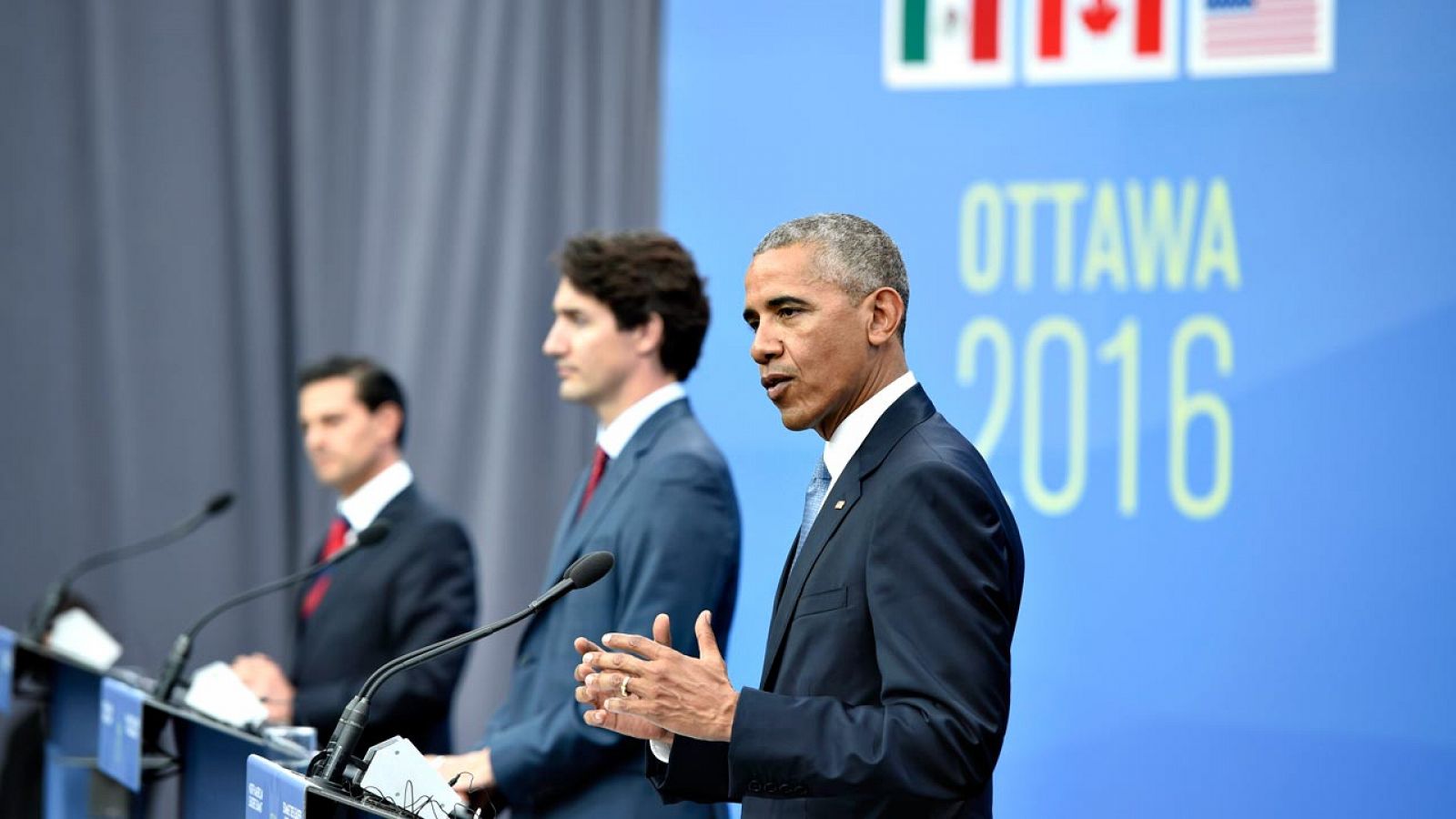 El presidente de Estados Unidos, Barack Obama, en la rueda de prensa que ha ofrecido junto a su homólogos de Canadá, Justin Trudeau, y México, Enrique Peña Nieto