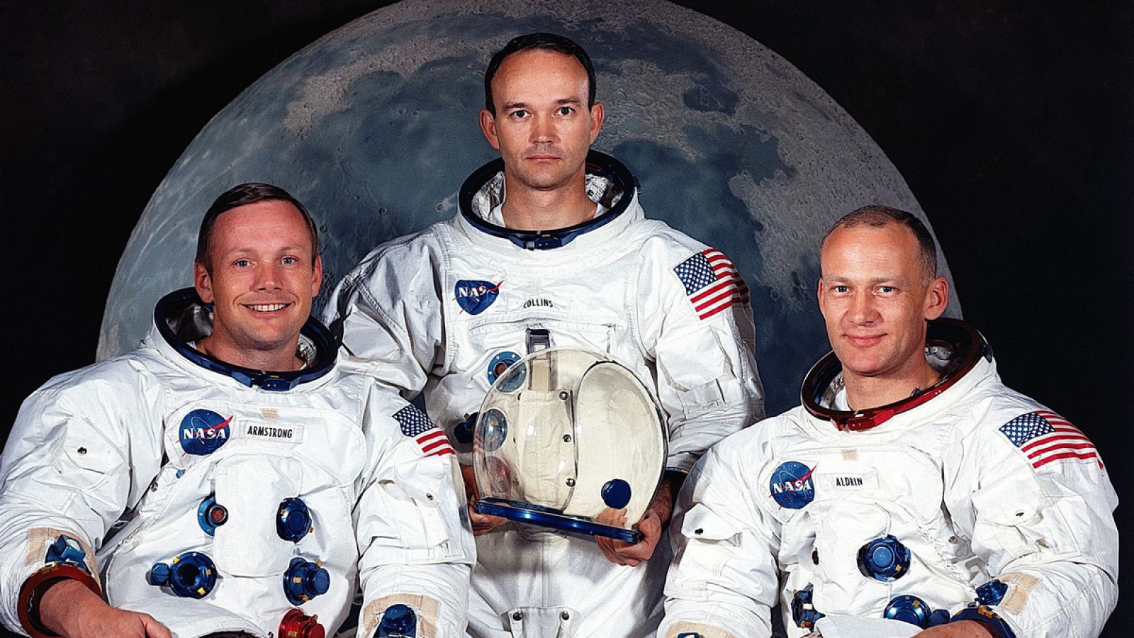 Los tres astronautas de la primera misión Apollo 11 (i a d), Neil A. Armstrong, Michael Collins y Edwin E. Aldrin Jr.