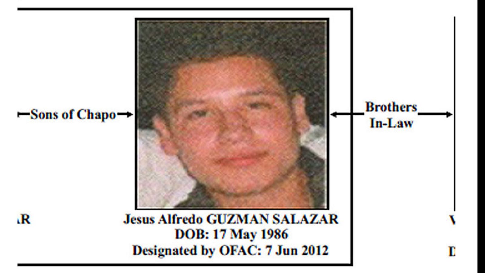 Parte de un cartel emitido por el Departamento del Tesoro de Estados Unidos en el que se ve a Jesús Alfredo Guzmán, hijo del narcotraficante Méxicano Joaquín "Chapo" Guzmán.
