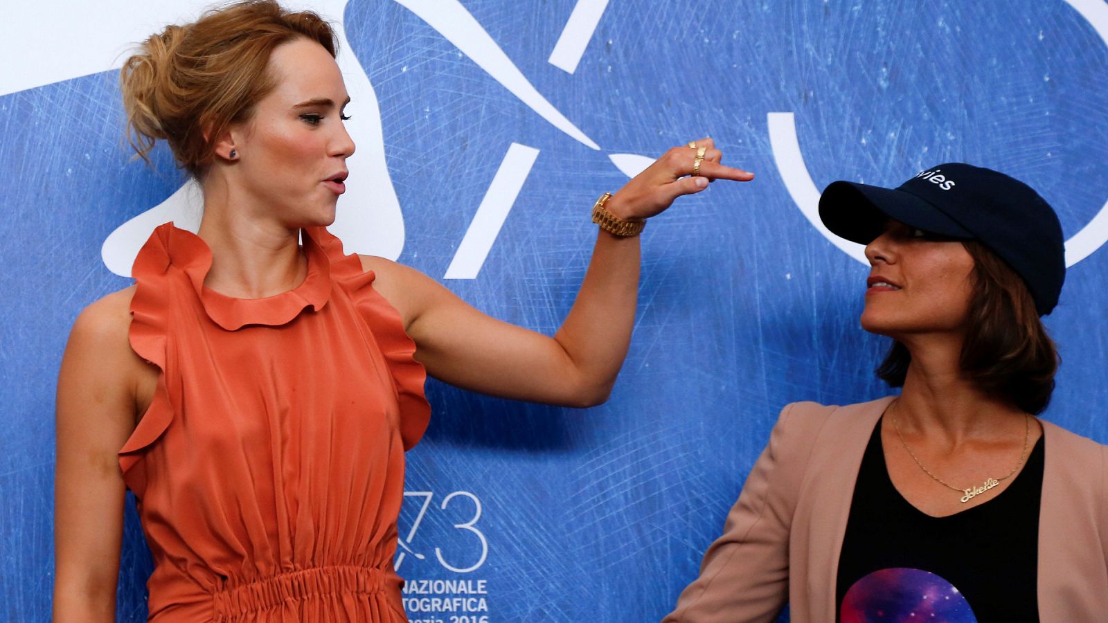 Director Ana Lily Amirpour poses with actress Suki Waterhouse as they attend the photocall for the movie "The Bad Batch" at the 73rd Venice Film Festival in Venice