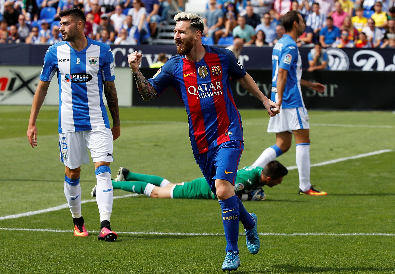 Messi celebra su primer tanto anotado ante el Leganés en el estadio de Butarque.