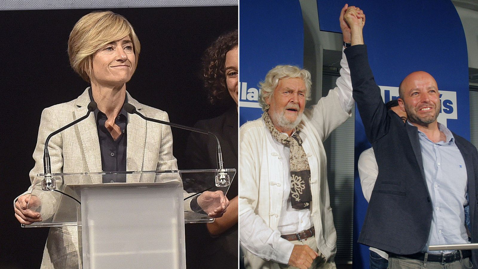 La candidata a lehendakari de Elkarrekin Podemos, Pili Zabala (I) y el candidato de En Marea a la presidencia de la Xunta gallega, Luis Villares (D) junto a Xosé Manuel Beiras(C).