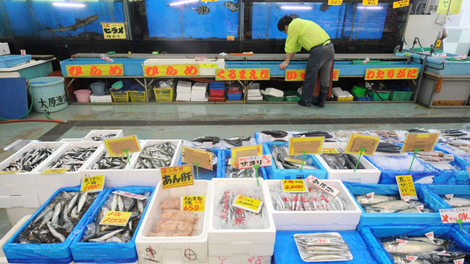 Un vendedor espera la llegada de clientes en una pescadería de la ciudad de Ichinomiya, al sur de Fukushima.