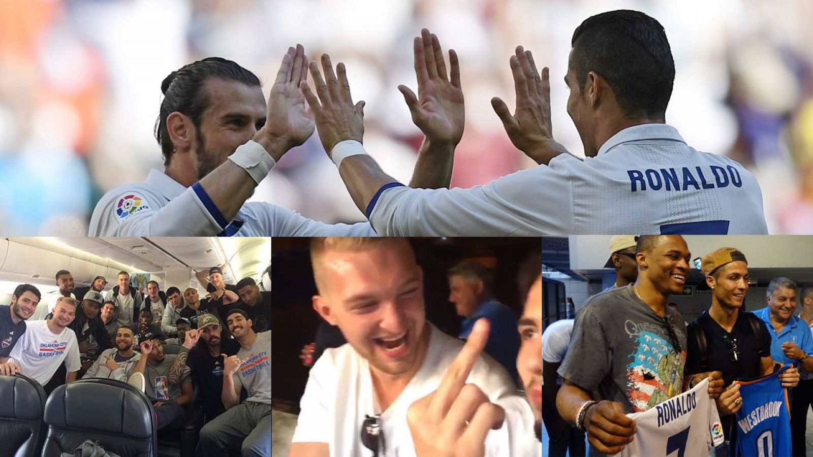 Arriba, Bale celebra su gol con Cristiano (AFP). Abajo, capturas de Twitter de los perfiles de los Thunder con imágenes de su viaje a España (izquierda) y de su asistencia al Bernabéu.