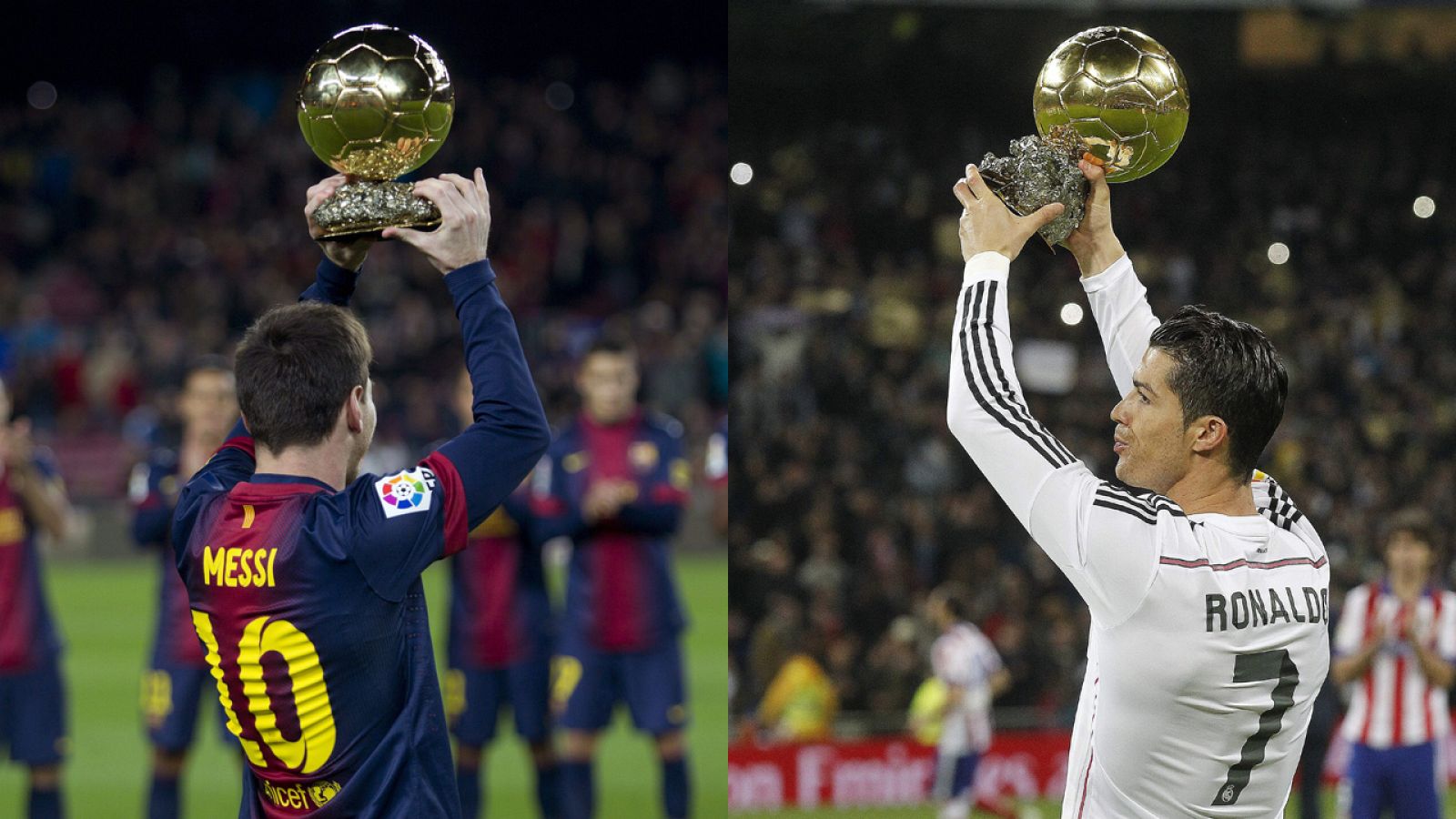 Ronaldo y Messi presentan el Balón de Oro a sus aficiones.