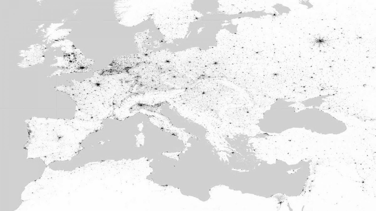 Fragmento de Europa en el mapa 'Global Urban Footprint' (GUF).