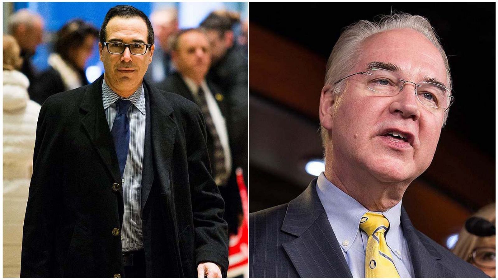El financiero Steven Mnuchin, nuevo secretario del Tesoro de EE.UU. (izquierda) y el congresista Tom Price, nuevo secretario de Sanidad