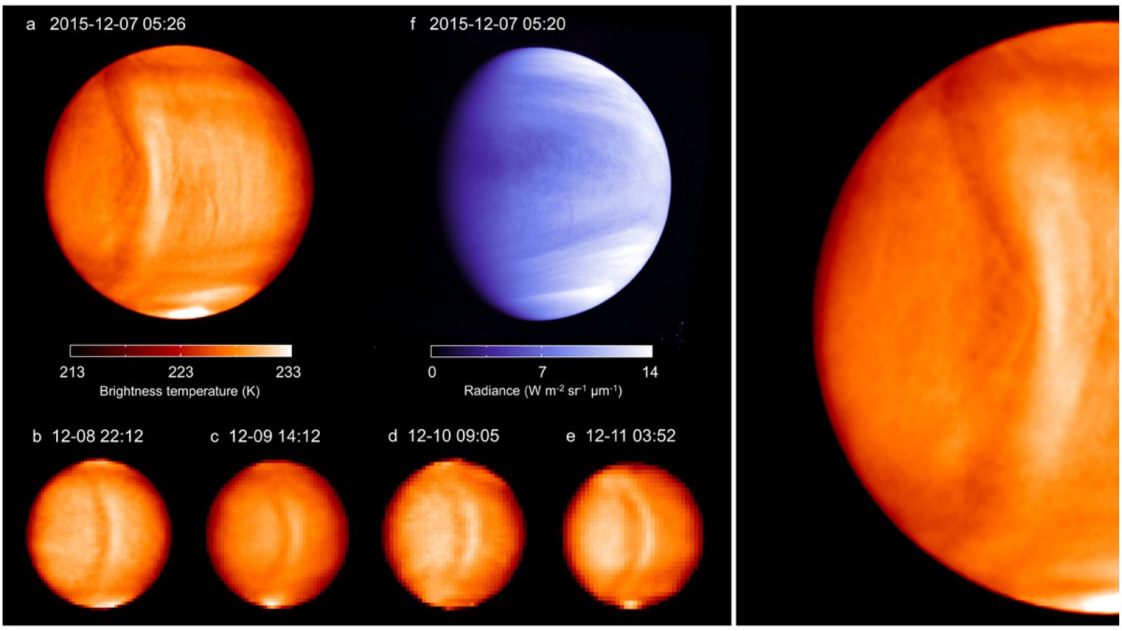 Imágentes facilitadas por Planet-C de la onda de gravedad que un equipo de científicos de Japón cree haber detectado en Venus.