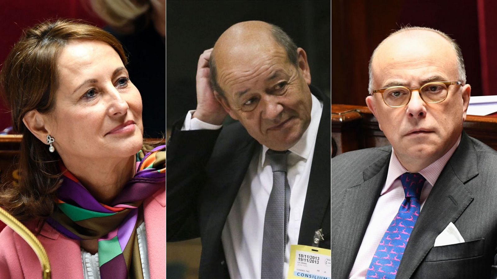 La ministra de Medio Ambiente Segolène Royal, el titular de Defesa Jean-Yves Le Drian y el primer ministro Bernard Cazeneuve.