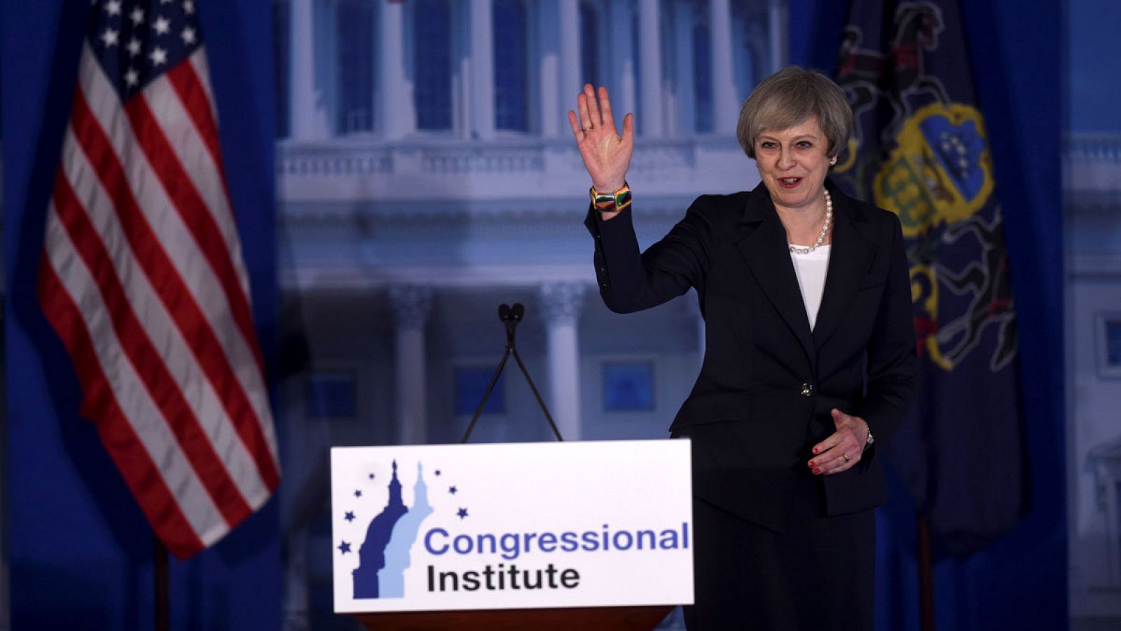 La primera ministra británica, Theresa May, durante su discurso en la Conferencia Conjunta de Asuntos Republicanos en Filadelfia (EE.UU.) el 26 de enero de 2017.