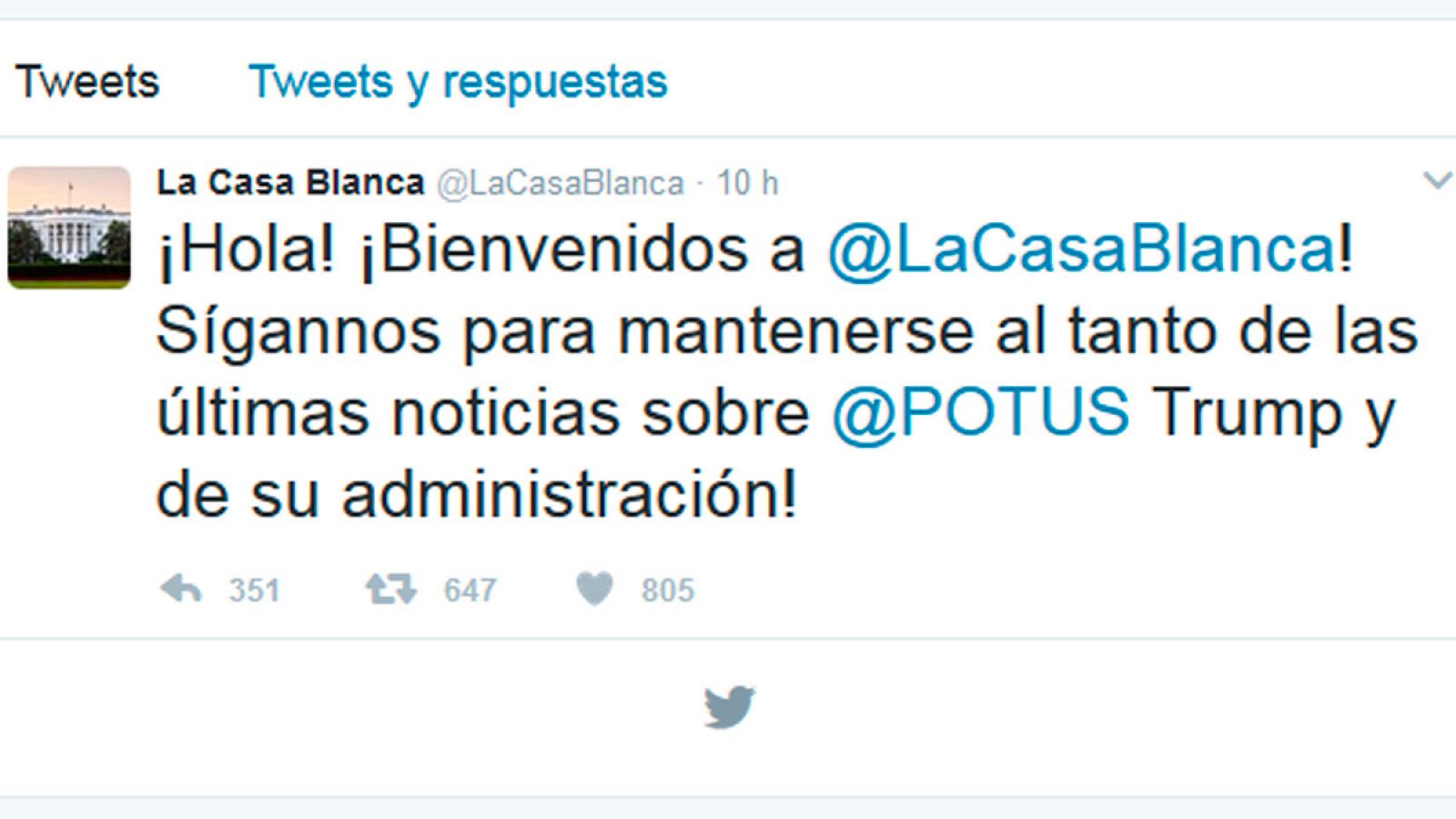 Captura de pantalla del primer tuit de la Casa Blanca en español