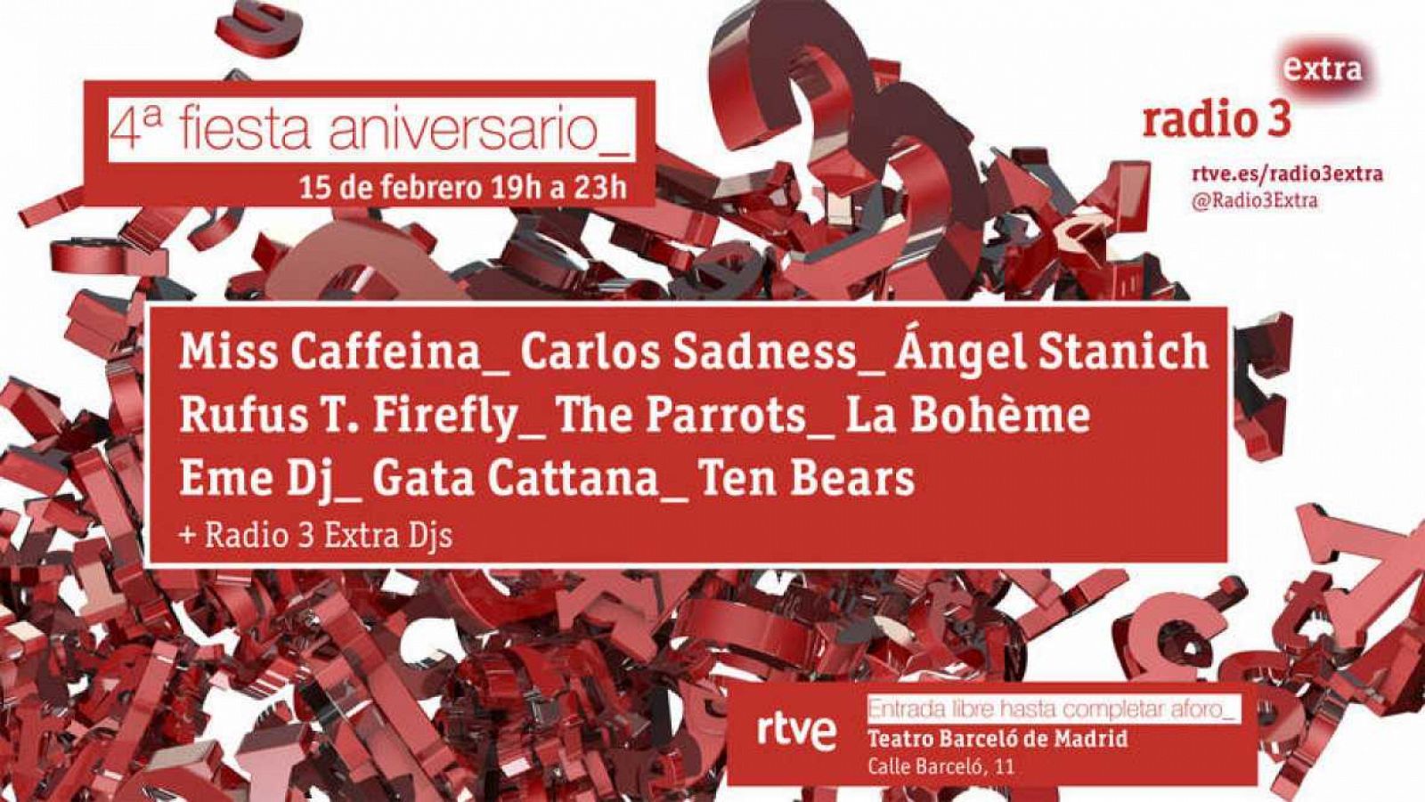 Cartel de la fiesta de Radio 3 Extra con actuaciones en directo