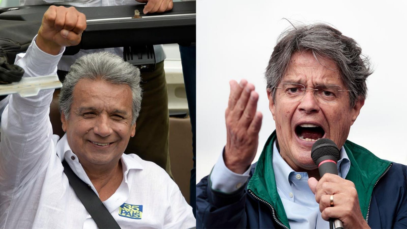 Imagen de los candidatos a la presidencia de Ecuador, el oficialista Lenín Moreno (i) y el opositor Guillermo Lasso (d)
