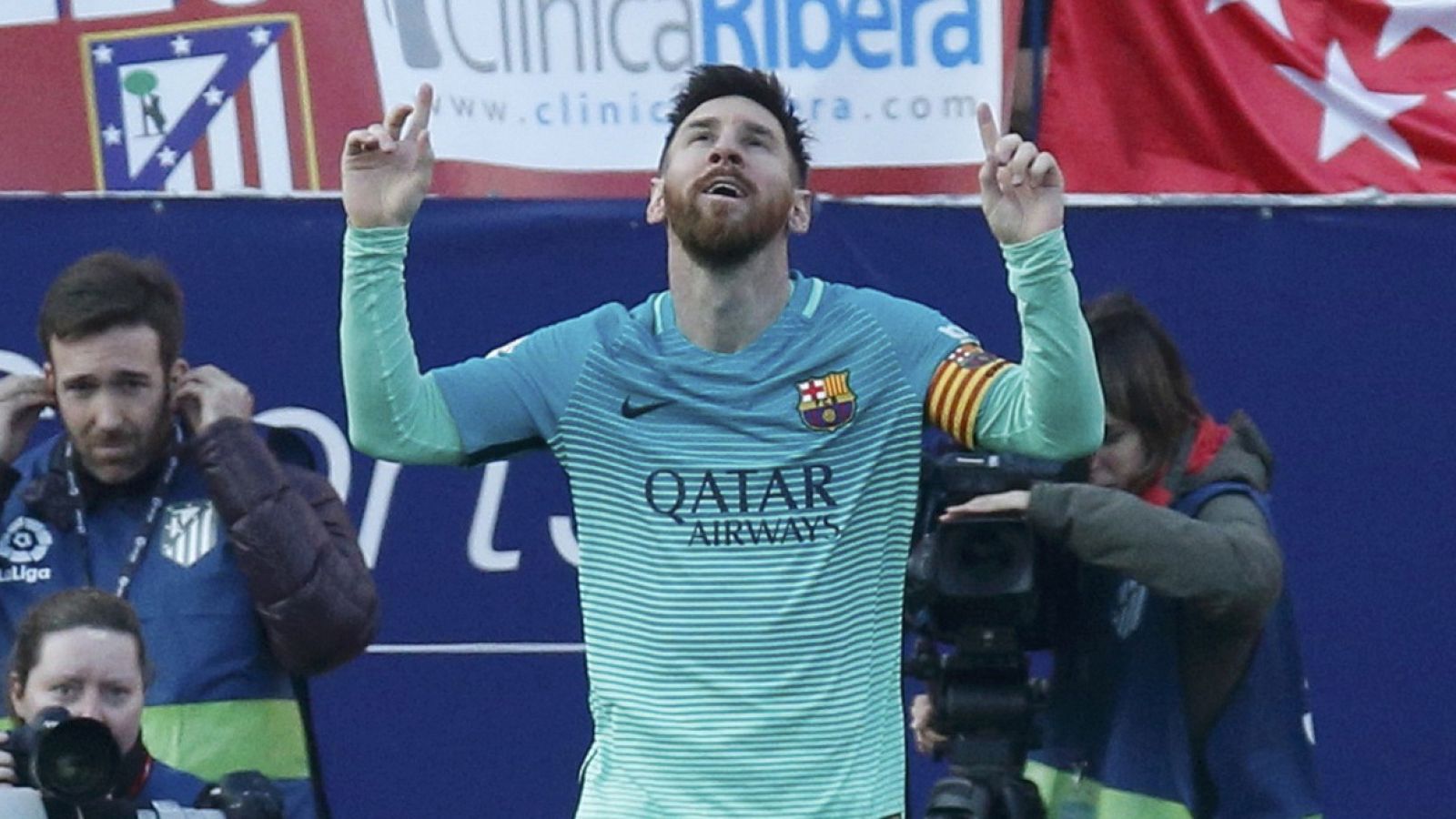 Messi celebra el gol de la victoria del Barcelona en el Calderón.